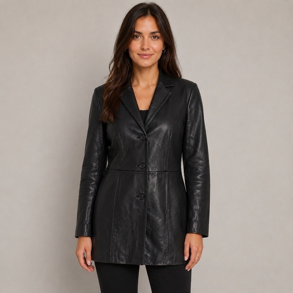 Casual Corner Genuine Leather Blazer Black Women's‎ XS Longline Soft Leather